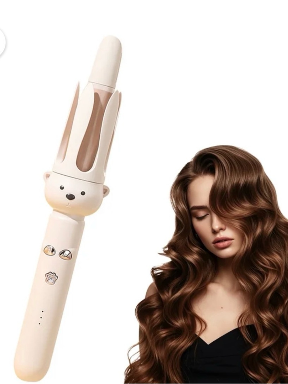 Cream Bear-Head Ceramic Curling Wand for Women